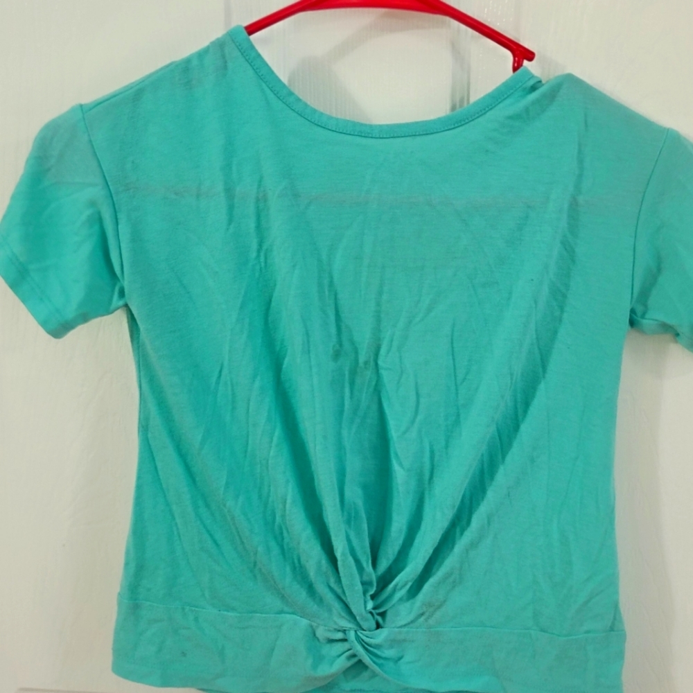 Teal crop top with fake tie at the bottom